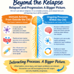 An infographic titled "Beyond the Relapse" illustrating two conceptual models of Multiple Sclerosis progression—"Immune Activity From Outside the CNS" and "Ongoing Processes Within the CNS"—flanking a central image of the brain and spinal cord, followed by an integrated overview section at the bottom.