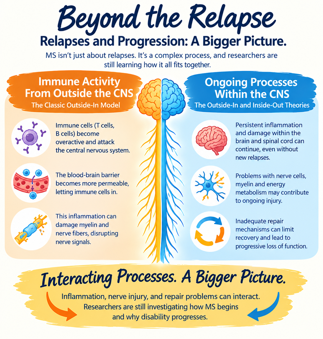 An infographic titled "Beyond the Relapse" illustrating two conceptual models of Multiple Sclerosis progression—"Immune Activity From Outside the CNS" and "Ongoing Processes Within the CNS"—flanking a central image of the brain and spinal cord, followed by an integrated overview section at the bottom.