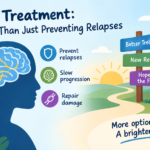 An illustration titled "MS Treatment: More Than Just Preventing Relapses." It shows a profile silhouette of a human head with a highlighted brain next to three key goals: Prevent relapses, Slow progression, and Repair damage. To the right, a winding path leads toward a rising sun with a signpost pointing to "Better Treatments," "New Research," and "Hope for the Future," accompanied by the text "More options. A brighter future."