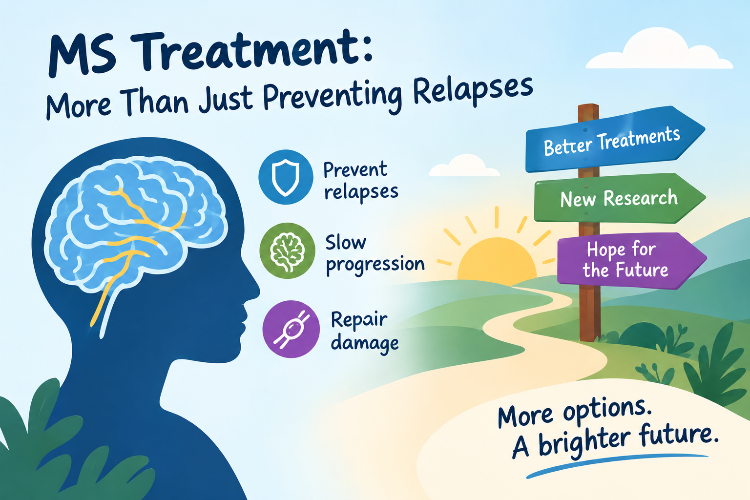 An illustration titled "MS Treatment: More Than Just Preventing Relapses." It shows a profile silhouette of a human head with a highlighted brain next to three key goals: Prevent relapses, Slow progression, and Repair damage. To the right, a winding path leads toward a rising sun with a signpost pointing to "Better Treatments," "New Research," and "Hope for the Future," accompanied by the text "More options. A brighter future."