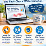 Infographic titled "How to Spot Misleading Health Claims and Fact-Check MS Information" featuring a laptop showing a fake news article stamped "Advertorial?", a coffee mug, and key tip icons for fact-checking online health claims.