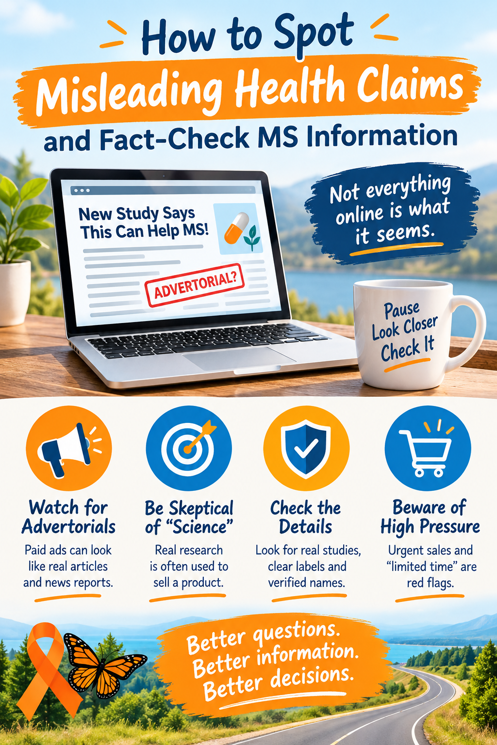 Infographic titled "How to Spot Misleading Health Claims and Fact-Check MS Information" featuring a laptop showing a fake news article stamped "Advertorial?", a coffee mug, and key tip icons for fact-checking online health claims.